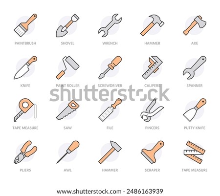 Construction tools flat line icons set. Hammer, screwdriver, saw, spanner, paintbrush vector illustrations. Outline signs for carpenter, builder equipment store. Orange color. Editable Strokes