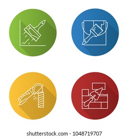 Construction tools flat linear long shadow icons set. Glue brush, paint bucket and brush, angle grinder machine, brick wall with triangular shovel. Vector outline illustration