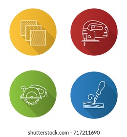Construction tools flat linear long shadow icons set. Emery paper, electric jigsaw, wood chisel, circular saw. Vector outline illustration