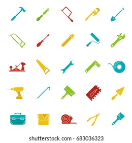 Construction tools glyph color icon set. Silhouette symbols on black backgrounds. Renovation and repair instruments. Spanner, shovel, hammer, paint brush, crowbar. Negative space. Vector illustrations