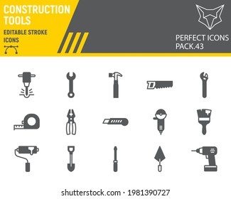 Construction tools glyph icon set, tools collection, vector graphics, logo illustrations, repair tools vector icons, construction industry signs, solid pictograms, editable stroke