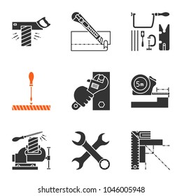 Construction tools glyph icons set. Silhouette symbols. Tenon saw, stationery knife, jeweler saw set, screwdriver, wrench, meter, bench vice, crossed spanners, set square. Vector isolated illustration