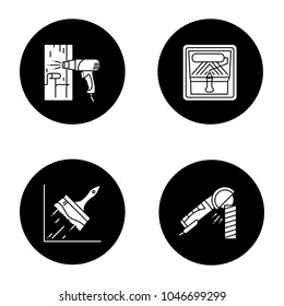 Construction tools glyph icons set. Hot air gun, paint roller in tray, big glue brush, angle grinder machine. Vector white silhouettes illustrations in black circles