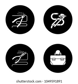 Construction tools glyph icons set. Pointed pliers and carpenter's end cutting, jaw capacity, tool bag. Vector white silhouettes illustrations in black circles