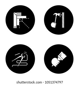 Construction tools glyph icons set. Set square, hammering nail, round nose pliers, paint brush in hand. Vector white silhouettes illustrations in black circles
