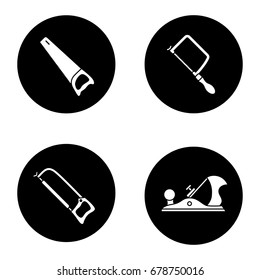 Construction tools glyph icons set. Hacksaw, jack plane, fretsaw, hand saw. Vector white silhouettes illustrations in black circles
