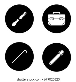 Construction tools glyph icons set. Chisels, tool box, crowbar. Vector white silhouettes illustrations in black circles