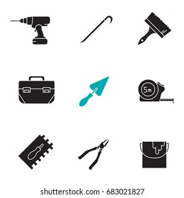 Construction tools glyph icons set. Silhouette symbols. Cordless drill, crowbar, paint brush and bucket , tool box, triangular shovel, measuring tape, nippers. Vector isolated illustration