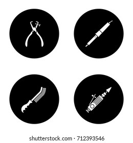 Construction tools glyph icons set. Stripping tool, soldering iron, wire brush, air-operated valve grinder. Vector white silhouettes illustrations in black circles