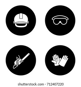 Construction tools glyph icons set. Industrial safety helmet, goggles, chainsaw, construction gloves. Vector white silhouettes illustrations in black circles