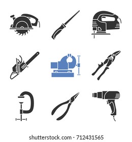 Construction tools glyph icons set. Circular and pad saws, electric jigsaw, tin snips, g-clamp, pointed pliers, heat gun. Silhouette symbols. Vector isolated illustration