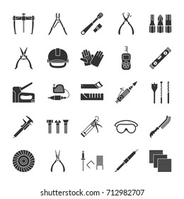 Construction tools glyph icons set. Renovation and repair instruments. Emery paper, solderer, ratchet, bearing puller, spirit level. Silhouette symbols. Vector isolated illustration