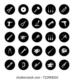 Construction tools glyph icons set. Renovation and repair instruments. Glass cutter, combination pliers, heat gun, wood chisel. Vector white silhouettes illustrations in black circles
