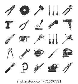 Herramientas de construcción iconos glifos conjunto. Instrumentos de renovación y reparación. Símbolos de silueta. Cortadora de vidrio, alicates combinados, pistola de calor, cincel de madera. Ilustración aislada de vectores