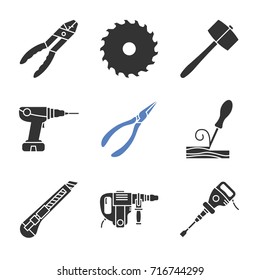 Construction Tools Glyph Icons Set. Combination Pliers, Circular Saw Blade, Power Drill, Wood Chisel, Stationery Knife, Perforator, Paving Breaker. Silhouette Symbols. Vector Isolated Illustration