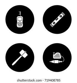 Construction tools glyph icons set. Digital tape measure, spirit level, plumb bob, lump hammer. Vector white silhouettes illustrations in black circles