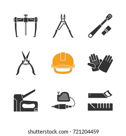 Construction tools glyph icons set. Bearing puller, ratchet, construction gloves and scissors, industrial safety helmet, stapler, plumb bob, mitre box. Silhouette symbols. Vector isolated illustration