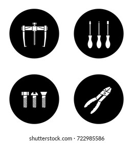 Construction tools glyph icons set. Bearing puller, set of screwdrivers, metal bolts, combination pliers. Vector white silhouettes illustrations in black circles