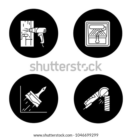 Construction tools glyph icons set. Hot air gun, paint roller in tray, big glue brush, angle grinder machine. Vector white silhouettes illustrations in black circles