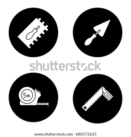 Construction tools glyph icons set. Rectangular notched, triangular shovel, measuring tape, set square. Vector white silhouettes illustrations in black circles