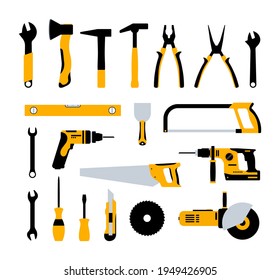 Construction tools hammer repair carpentry background. Electric home tool screwdriver toolkit collection