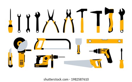 Construction tools hammer repair carpentry background. Electric home tool screwdriver toolkit collection
