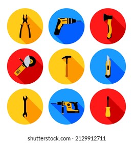 Construction tools hammer repair carpentry background. Electric home tool screwdriver toolkit collection