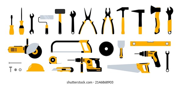 Construction tools hammer repair carpentry background. Electric home tool screwdriver toolkit collection