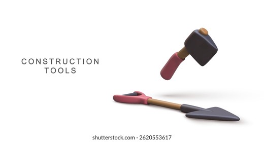 Construction Tools With Hammer And Trowel For Building, DIY Projects, Repair, Home Renovation, Masonry Work, Clean 3D Render On White Background, Vector Illustration.