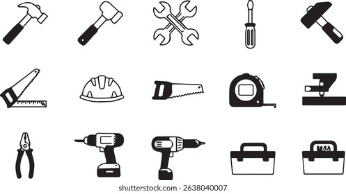 Construction tools — hammer, wrench, screwdriver, saw, hard hat, tape measure, drill, pliers, level, toolbox. black and white file format eps