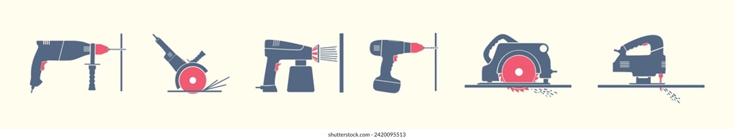 Construction tools. Hand power electric tools. Set tools for wood, metal, stone. Electric construction tools vector icons. Jig saw, spray gun, drill, electric screwdriver, angle grinder, сircular saw