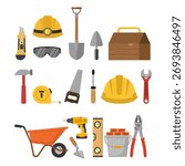 Construction tools : hard hat, shovel, toolbox, and wheelbarrow.