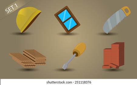 Construction tools: helmet, window, saw, boards, screwdriver, bricks, part 1