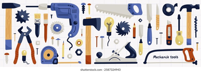 Construction tools for home repairs. Mechanic tools cartoon doodle set isolated on white background. Hammer, drill, screwdriver, hacksaw, chisel, light bulb. Vector illustration