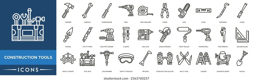Construction Tools icon. Hammer, Wrench, Screwdriver, Drill and Tape Measure