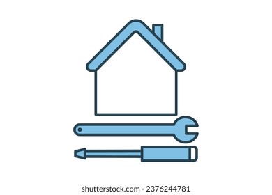 Construction Tools Icon. house with screwdriver and wrench. icon related to Real estate. suitable for web site, app, user interfaces, printable etc. Flat line icon style. Simple vector design editable