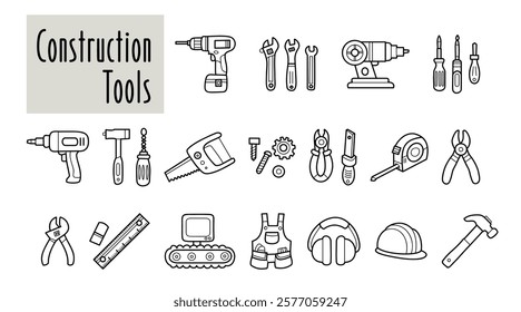 Construction tools icon set, black and white outline illustration of hand and power equipment, cute hand drawn designs for industrial themes.