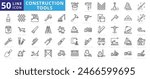 Construction Tools icon set with bucket, paint roller, bricks, shovel, cone, screw driver, brush, paint and adjustable wrench.