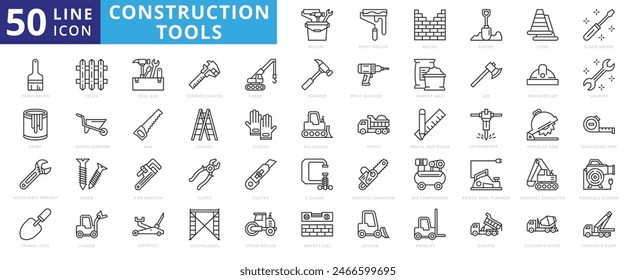 Construction Tools icon set with bucket, paint roller, bricks, shovel, cone, screw driver, brush, paint and adjustable wrench.