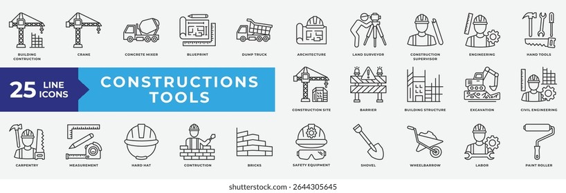 Construction Tools icon set with building construction, crane, concrete mixer, architecture, supervisor, engineering, hand tools, construction site, building structure, excavation, civil engineering, 