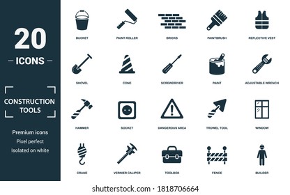 Construction Tools icon set. Collection of simple elements such as the bucket, paint roller, bricks, paintbrush. Construction Tools theme signs.