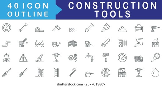 Construction Tools icon set collection. Consist of Wrench, Tape measure, Ax, Helmet, Toolbox, Drill, Pipe. Simple vector outline illustration.