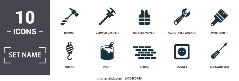 Construction Tools icon set. Contain filled flat paintbrush, reflective vest, paint, adjustable wrench, trowel tool, window icons. Editable format.