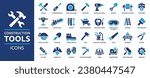 Construction tools icon set. Containing screwdriver, hammer, drill, shovel, concrete mixer, paintbrush, wrench, saw, pliers and more. Solid icons collection, vector illustration.
