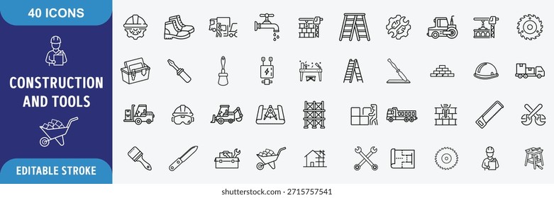 Conjunto de ícones de construção e ferramentas. Contendo Build, ferramentas de reparo, engenharia, construtor. Traçado editável. Ilustração vetorial