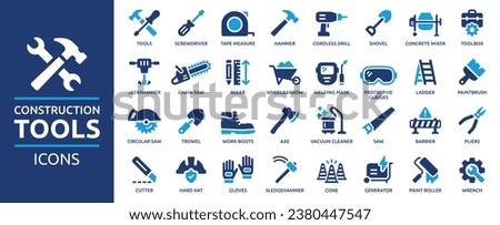 Construction tools icon set. Containing screwdriver, hammer, drill, shovel, concrete mixer, paintbrush, wrench, saw, pliers and more. Solid icons collection, vector illustration.