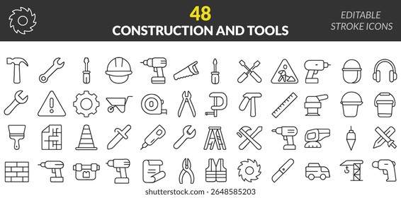 Bau- und Werkzeugsymbol-Set, das verschiedene Geräte darstellt, darunter Hammer, Schraubenschlüssel, Bohrer, Säge, Schraubendreher und Sicherheitshelm für den Bau und die Reparatur