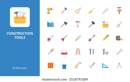 Construction Tools Icon Set with flat style. Perfect for UI, infographics, or social media content related to construction tools, repair tools, or equipment.