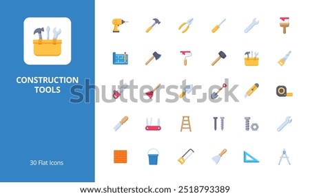 Construction Tools Icon Set with flat style. Perfect for UI, infographics, or social media content related to construction tools, repair tools, or equipment.