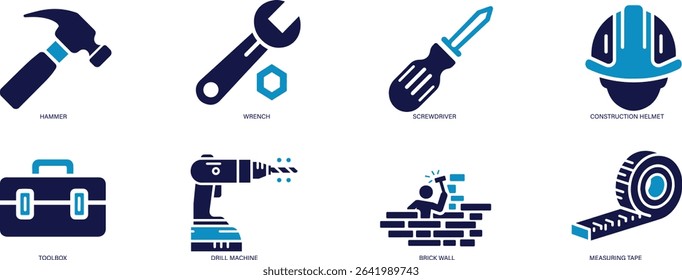 Construction Tools Icon Set Hammer, Wrench, Drill, Toolbox, Helmet, Screwdriver 